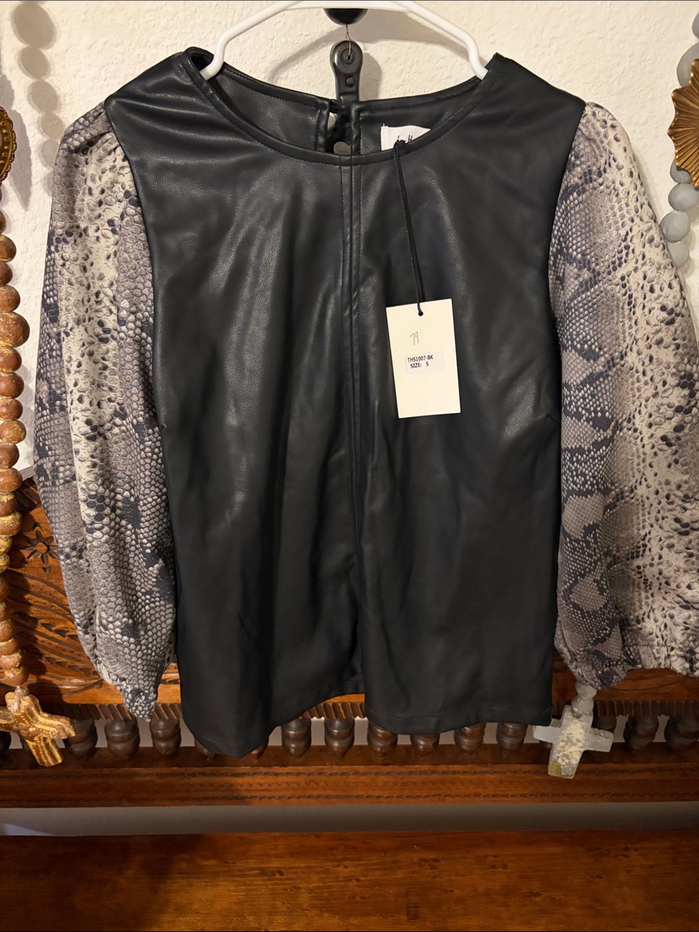 THML Black Faux Leather Top with Snake-Print Puff Sleeves